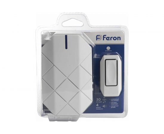 Дверной беспроводной звонок FERON E-377 звонок IP44 30 мелодий, 3х1,5V/АА, база, белый 41433 – изображение 2