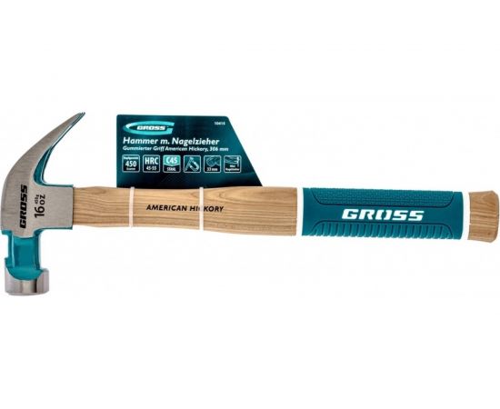Молоток-гвоздодер GROSS American hickory 450г, угол 45, магнит, обрезиненная рукоятка 10415 – изображение 4