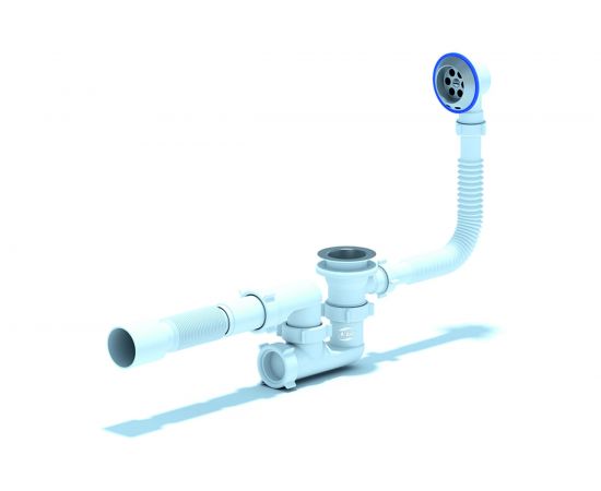 Сифон для ванны АНИ Пласт регулируемый, пробка на цепочке, 1 1/2 дюйма x 40 гофра, 40х50 мм, нержавеющая сетка E255 025-0277 