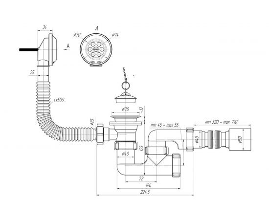 Сифон для ванны АНИ Пласт регулируемый, пробка на цепочке, 1 1/2 дюйма x 40 гофра, 40х50 мм, нержавеющая сетка E255 025-0277 – изображение 2