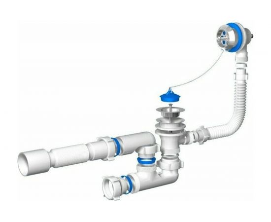 Сифон для ванны АНИ Пласт регулируемый, пробка на цепочке, 1 1/2 дюйма x 40 гофра, 40х50 мм, нержавеющая сетка E255 025-0277 – изображение 3