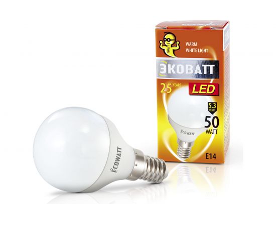 Светодиодная лампа ECOWATT P45, 230В, 5.3W, 2700K, E14, теплый белый свет, шарик 4606400419808 
