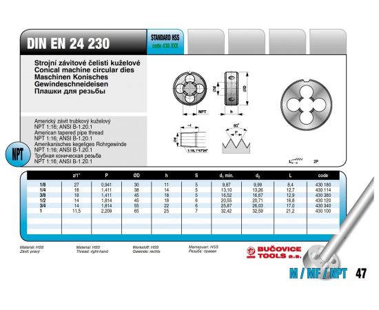 Плашка Bucovice Tools коническая NPT 1/4" -18 HSS 38x14мм 430140 – изображение 4