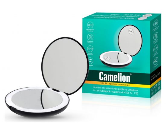 Складное зеркало с LED подсветкой Camelion черный, 1х/5х, 4хCR2032, двойное M146-SL 13001 