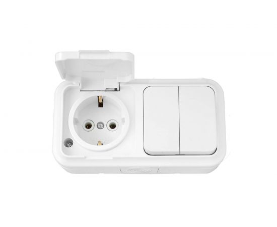 Блок Bylectrica 2 выключателя + розетка с заземляющим контактом ОУ IP54, серия ПРАЛЕСКА АКВА, белый, 2В-РЦ-659 