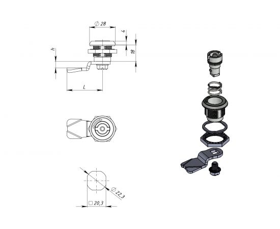 Замок под ключ с двумя бородками ТРИЗАМ цинк, с ригелем и ключом ЗЧ.М.2.05.1066.КМ TRZ0059 – изображение 2