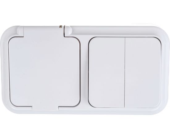 Блок Bylectrica 2 выключателя + розетка с заземляющим контактом ОУ IP54, серия ПРАЛЕСКА АКВА, белый, 2В-РЦ-659 – изображение 2