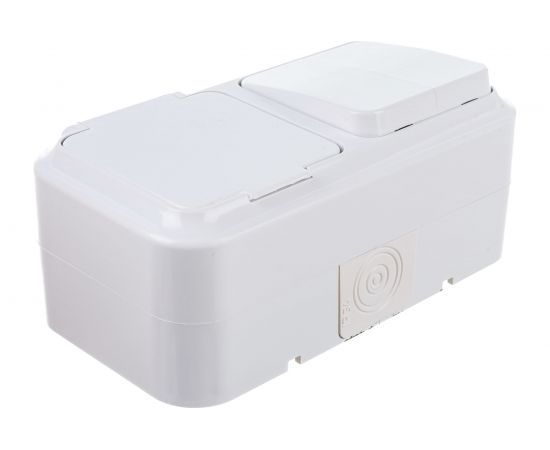 Блок Bylectrica 2 выключателя + розетка с заземляющим контактом ОУ IP54, серия ПРАЛЕСКА АКВА, белый, 2В-РЦ-659 – изображение 4