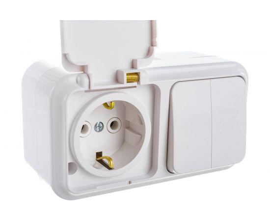 Блок Bylectrica 2 выключателя + розетка с заземляющим контактом ОУ IP54, серия ПРАЛЕСКА АКВА, белый, 2В-РЦ-659 – изображение 5