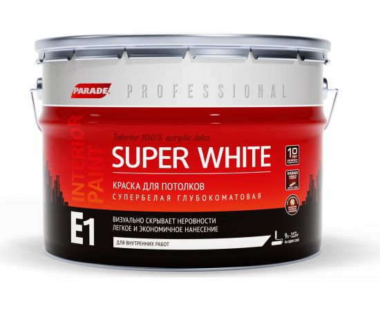 Краска для потолков SUPER WHITE E1 база А 9 л Россия PARADE Лк-00008438 