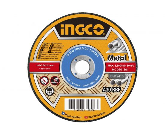 Круг отрезной Metal (180х3.0х22 мм; тип 27; A 30; RBF) INGCO MCD301801 