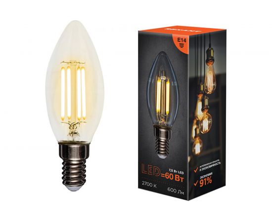 Филаментная лампа REXANT Свеча CN35 7.5 Вт 2700K E14 604-083 