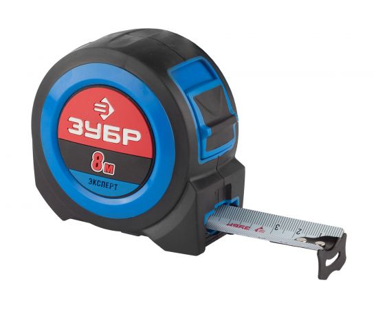 Рулетка Зубр ЭКСПЕРТ, сверхширокое полотно, особо длинный вылет, нейлон покрытие, упрочненный двухкомпонентный корпус, 8м/27мм 34059-08-27 
