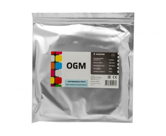 Светодиодная лента OGM 12В, 9,6Вт/м, smd2835, холодный белый 
