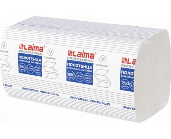 Бумажные полотенца ЛАЙМА H3 UNIVERSAL WHITE PLUS 250 шт, 1 слой, белые, 230х230 мм, 15 пачек, V-сложение 111343 