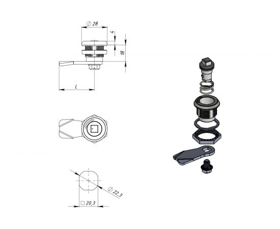 Замок под четырехгранный ключ ТРИЗАМ цинк, грань 8 мм с ригелем и ключом ЗЧ.М.2.48.1060.КМ TRZ0037 – изображение 2