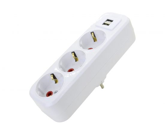 Прямой разветвитель AY-KA на 3 розетки с USB, 16A 250В с заземлением, белый 7713800 
