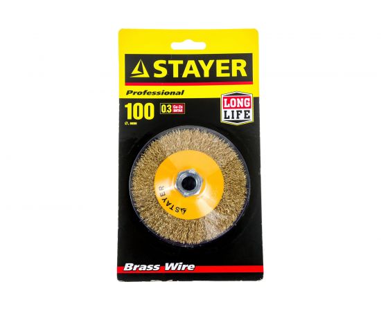 Щетка коническая PROFESSIONAL (100 мм; М14; витая стальная латунированная проволока 0.3 мм) для УШМ STAYER 35133-100 – изображение 3