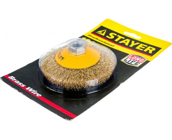 Щетка коническая PROFESSIONAL (100 мм; М14; витая стальная латунированная проволока 0.3 мм) для УШМ STAYER 35133-100 – изображение 4