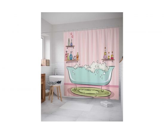 Штора (занавеска) для ванной JoyArty ""Пенная ванна"" из сатена, 180х200 см с крючками, sc_9537 