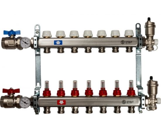 Коллектор из нержавеющей стали в сборе с расходомерами STOUT 7 выходов SMS 0907 000007 