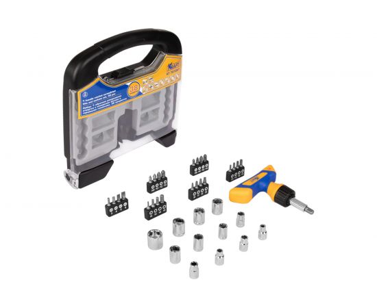 Т-образная реверсивная отвертка с битами и головками 38 предметов KRAFT KT 701041 