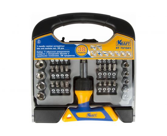 Т-образная реверсивная отвертка с битами и головками 38 предметов KRAFT KT 701041 – изображение 3