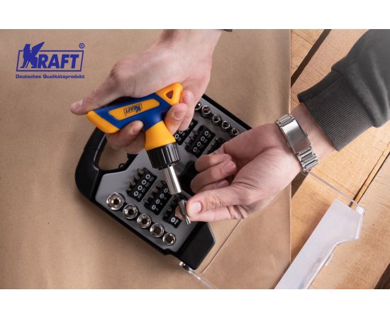 Т-образная реверсивная отвертка с битами и головками 38 предметов KRAFT KT 701041 – изображение 5