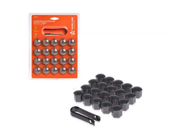 Колпачки на колесные болты/гайки AIRLINE 21 мм, 20 шт. + съёмник, пластик, серые AWBN-03 