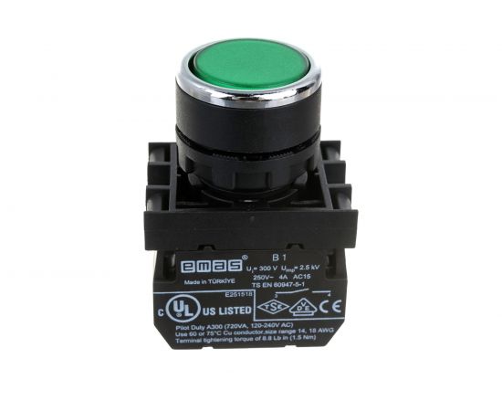 Нажимная кнопка Emas круглая зелёная, 1НО+1НЗ, серия B, 250В AC, 4А, 10шт. B102DY 