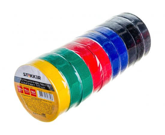 Изоляционная лента STEKKER 0,13x15 мм, 100 м, комплект 10 штук, мультиколор INTP01315-100 39289 