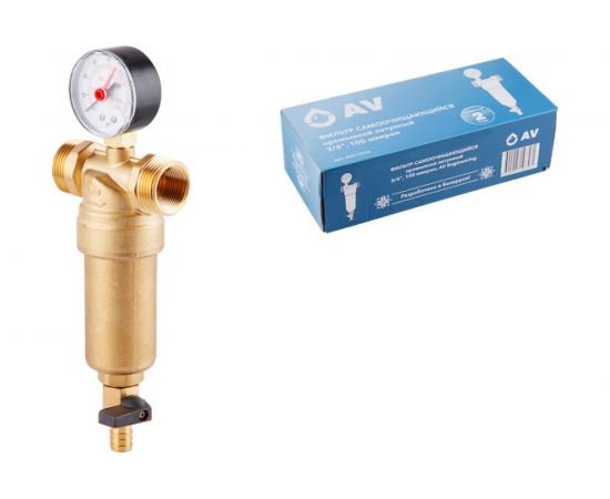 Магистральный фильтр AV Engineering самопромывной 3/4"", 100 мкм с манометром AVE115702 