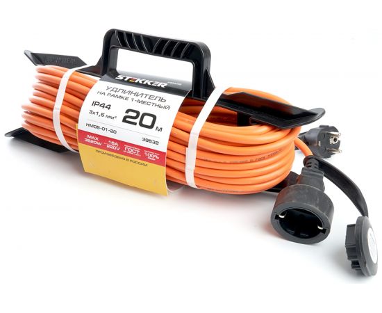 1-местный удлинитель-шнур на рамке STEKKER с заземлением HM05-01-20, 3х1.5мм2, 20м, 16А, Home, оранжевый 39632 