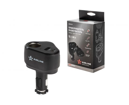 Разветвитель прикуривателя AIRLINE 1 гнездо + Type-C PD + 1USB, 2.4 A, 30 Вт PRO AEBD033 