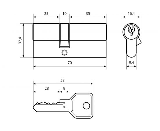 Цилиндровый механизм Стандарт BP (25x10x35 мм; 5 ключей; английский ключ) 11105 – изображение 2