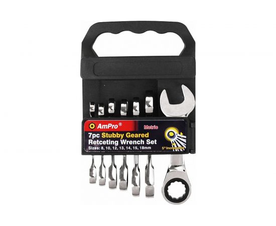Набор комбинированных трещоточных укороченных ключей AmPro 7 предметов 8-19 мм T41383 