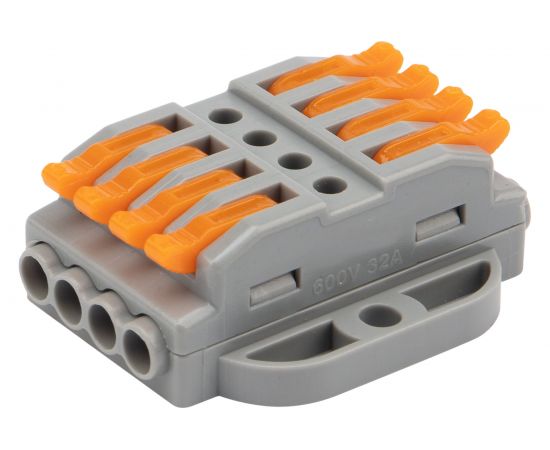 Проходная клемма REXANT с рычажком 4 полюса 0,08-4 мм2 с монтажной площадкой серая 25 шт 07-6264 