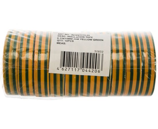 Изоляционная лента STEKKER 0,13x15 мм, 20 м, желто-зеленая, INTP01315-20 32832 – изображение 5
