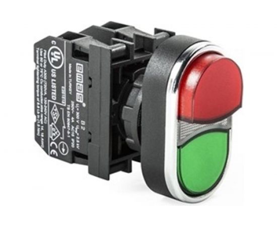 Сдвоенная кнопка Emas красно-зеленая, выступающая 1НО+1НО B101K21KY 