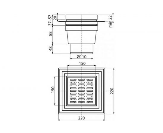 Трап Alca Plast регулируемый, вертикальный выпуск, гидрозатвор Дн110 нерж сталь,150х150 мм APV13 004-0790 – изображение 2