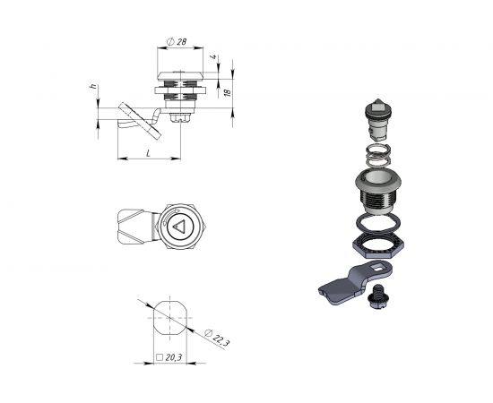 Замок под трехгранный ключ ТРИЗАМ цинк, d-9 мм, с ригелем и ключом ЗЧВ.М.2.79.1061.КМ TRZ0047 – изображение 2