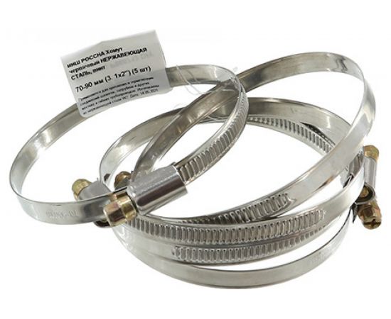 Червячный хомут РОССНА 70-90 мм 3 1/2"" нержавеющая сталь, винт, 5 шт. Р860712 DIY 