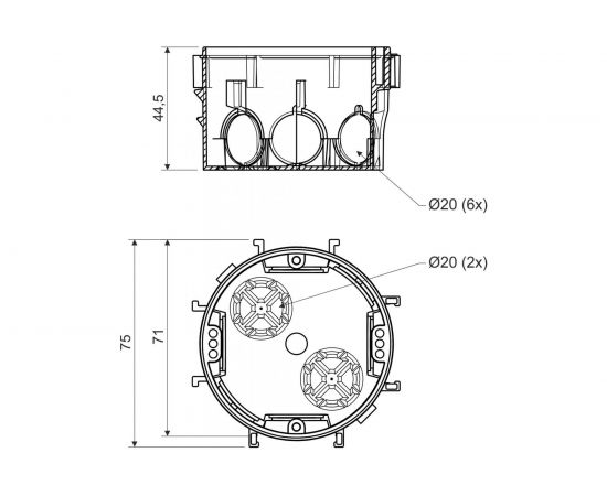 Установочная коробка KOPOS для твердых стен с межосевым расстоянием 71 мм, D70x45 мм KP 67/3_KA – изображение 2