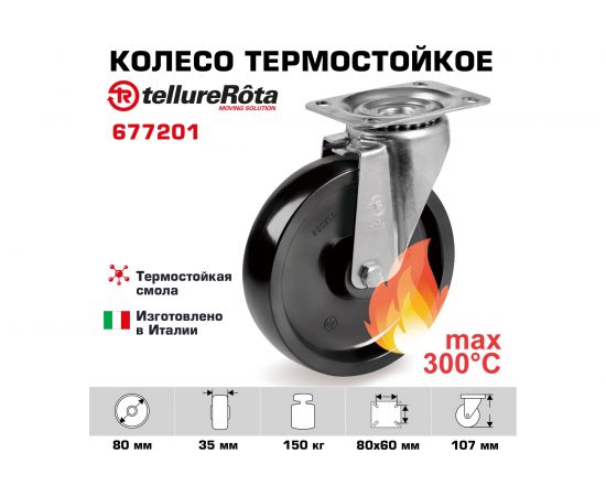 Колесо с вращающейся опорой и пластиной крепления (80 мм; 150 кг) Tellure rota 677201 – изображение 2