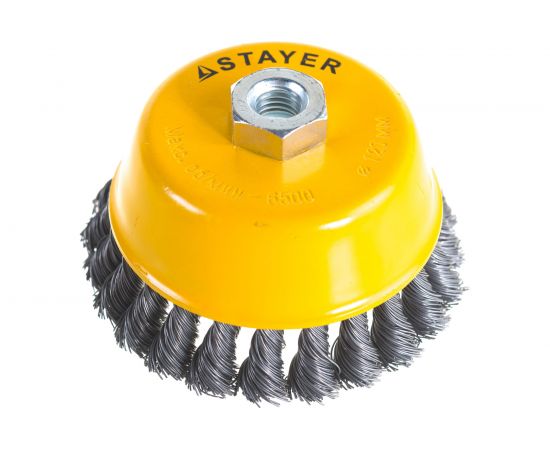 Щетка чашечная PROFESSIONAL (120 мм; М14; плетеные пучки проволоки 0.5 мм) для УШМ STAYER 35128-120 – изображение 3