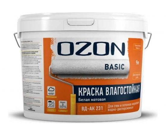 Акриловая интерьерная краска OZON ВД-АК 231 (влагостойкая; белая; 9 л; 14 кг) ВД-АК-231-14 