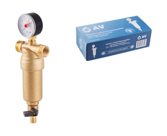 Магистральный фильтр AV Engineering самопромывной, 1/2"", 100 мкм с манометром AVE115701 