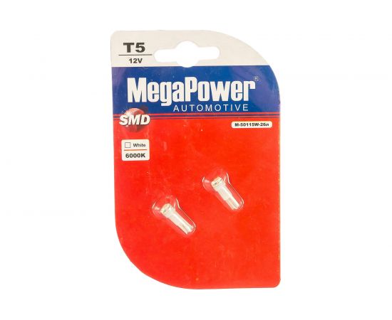 Автолампа MEGAPOWER T5 W2x4.6d 3 SMD 3020 WHITE блистер с тестером 2шт 6000K 21лм 12V 1 25 50115 