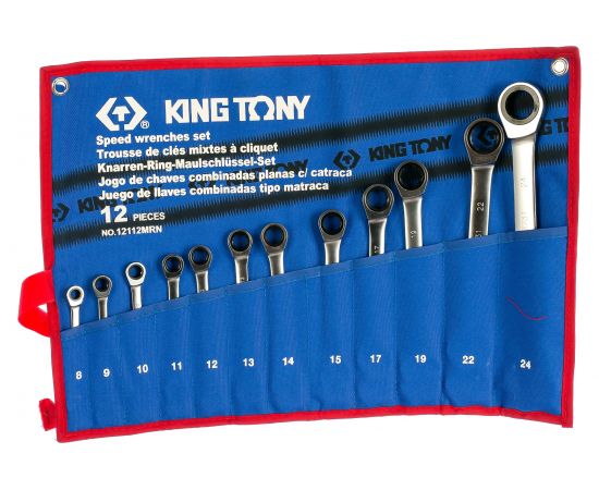 KING TONY Набор комбинированных трещоточных ключей, 8-24 мм, чехол из теторона, 12 предметов 12112MRN 