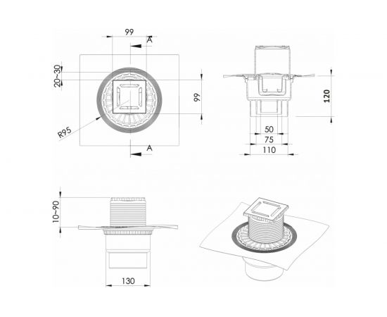 Напольный трап водосток BERGES ZENTRUM Uno 100х100, D50-110 мм 090471 – изображение 4